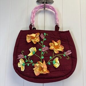 Retro Womens Twee Embroidered Beaded Floral Handbag Plastic Handle Whimsical